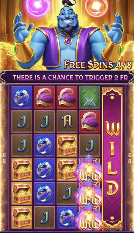 Fortune Magic Lamp – The expanded Free Spins grid shows 60 paylines and a fully locked WILD reel.