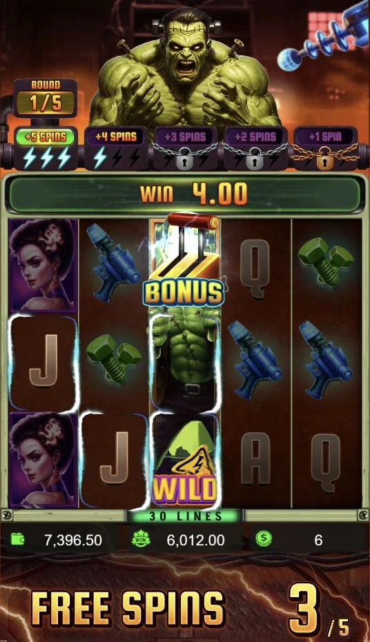 Franken Stein – Free Spins display the collection progress above the reels and a full WILD reel on the board.