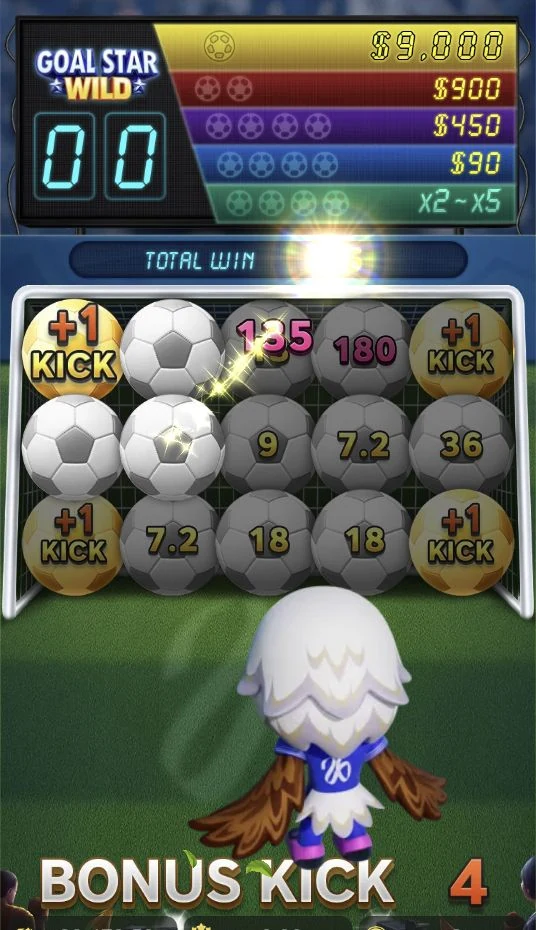 GOAL STAR WILD – The Shooting Bonus displays football prizes, extra-shot corners, and a GOAL progress board.
