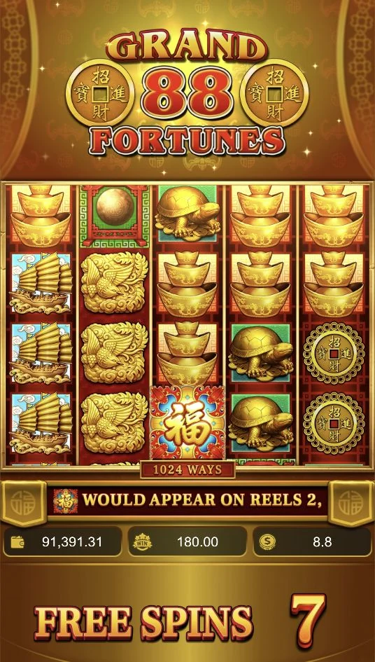 Grand 88 Fortunes – The golden Free Spins board shows premium symbols and a Fu WILD, with 7 Free Spins remaining.