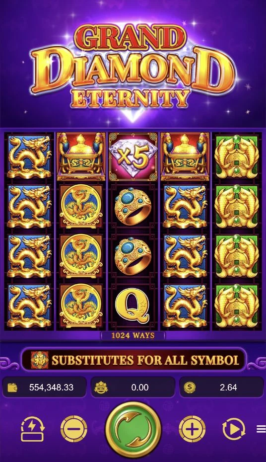 Grand Diamond Eternity – Grand Diamond Eternity's Base Game displays 1,024 ways and the Diamond symbol on reel 3.