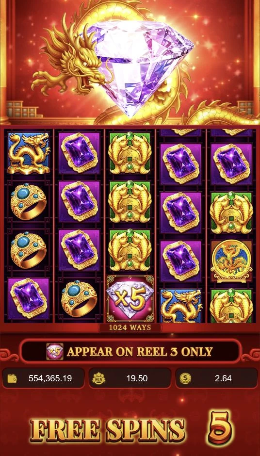 Grand Diamond Eternity – Free Spins feature a red-and-gold dragon scene and a symbol set without the card-rank symbols.