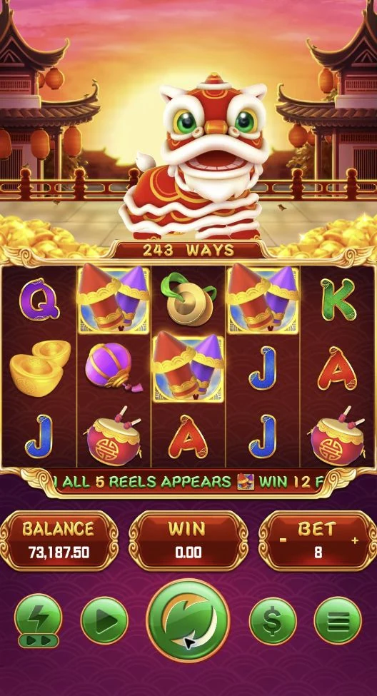 Lion Dance – The Base Game’s five reels, three rows, and festive lion character.