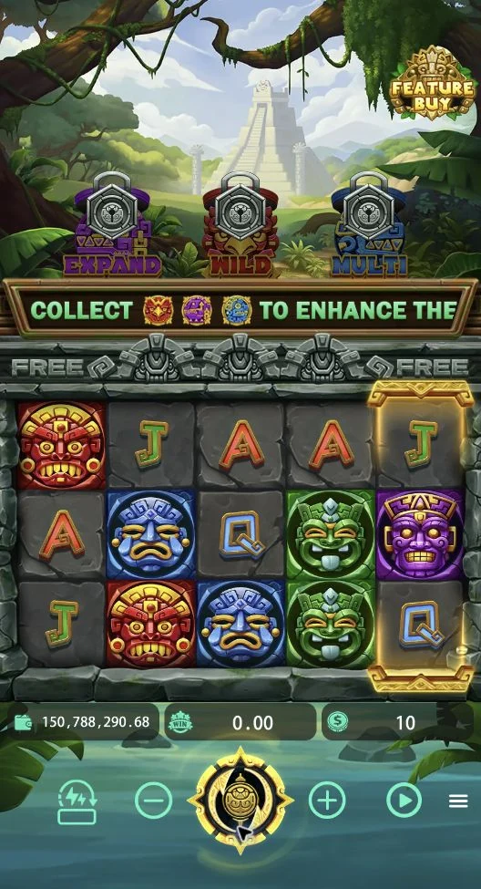 Lost Treasures of Maya – The Base Game introduces the EXPAND, WILD, and MULTI pillars above the reels.