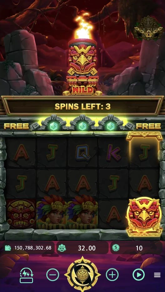 Lost Treasures of Maya – The WILD feature is active, with three feature spins remaining.