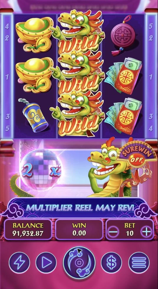 Lucky Dragon – Lucky Dragon's Base Game, with five paylines and a separate Win Multiplier reel.
