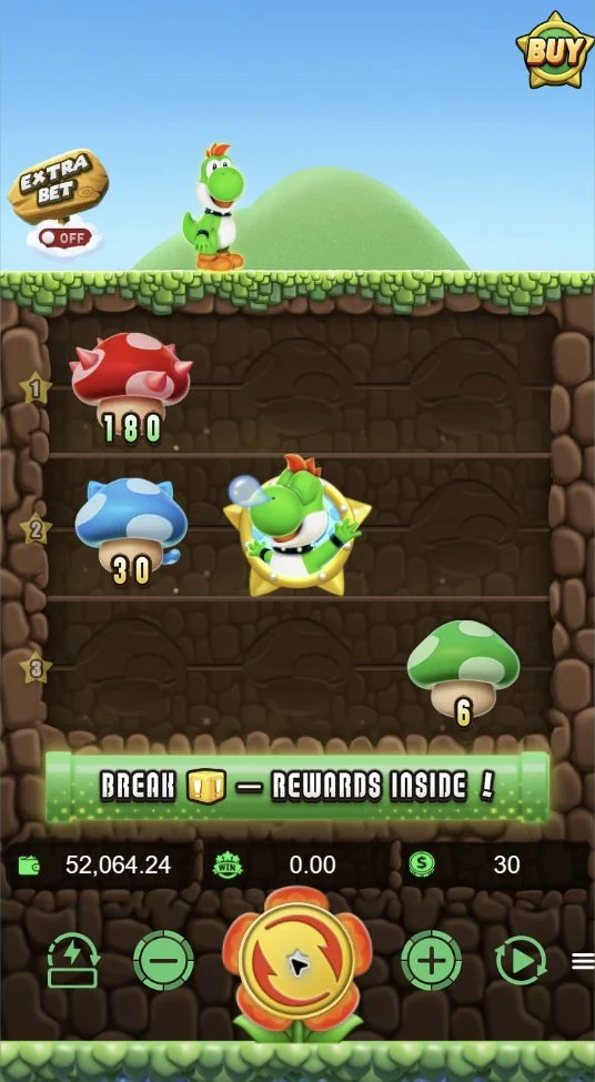 Lushi Quest – Lushi Quest's Base Game, with three paylines and prize values displayed on mushroom symbols.