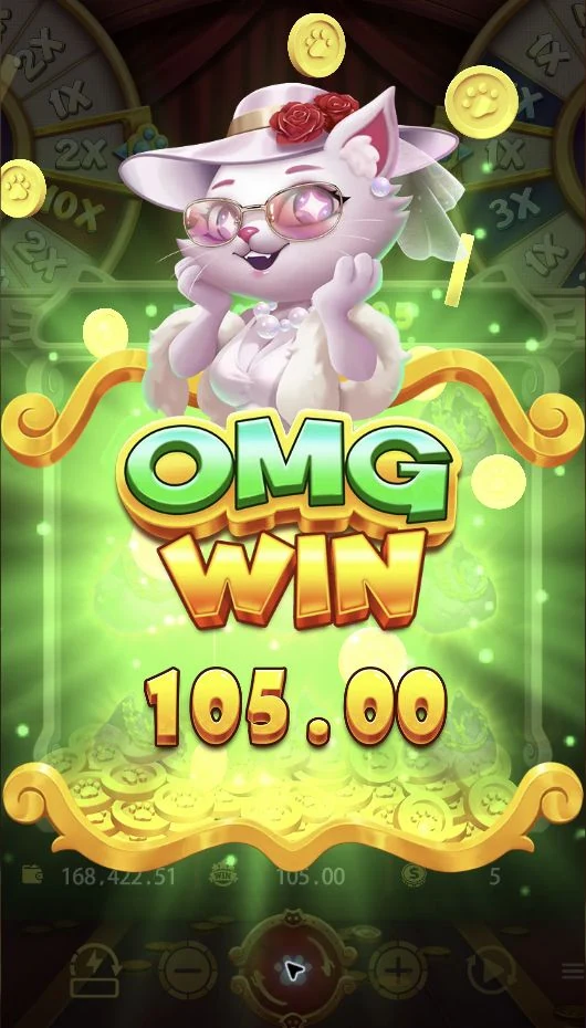 Money Meow – A Money Meow win celebration after the Wheel Respin feature.