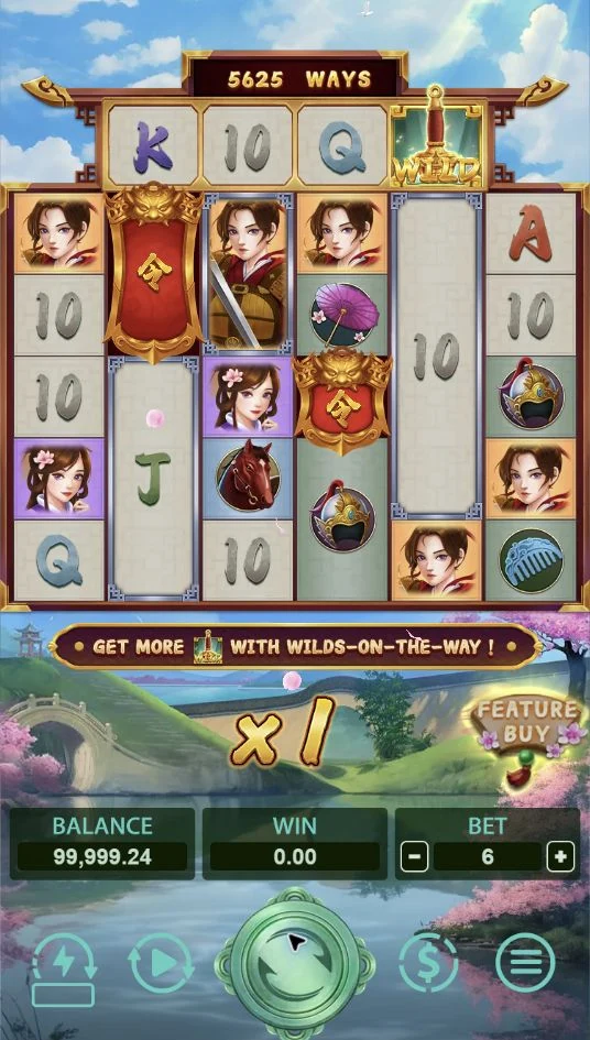 Mulan – Mulan’s Base Game combines differently sized symbols, silver frames, and a ×1 Win Multiplier.