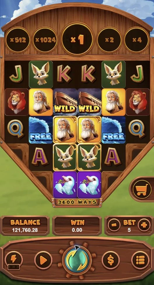 Noah's Ark – The Base Game displays 3,600 ways to win, framed symbols, and ark-shaped WILD symbols.