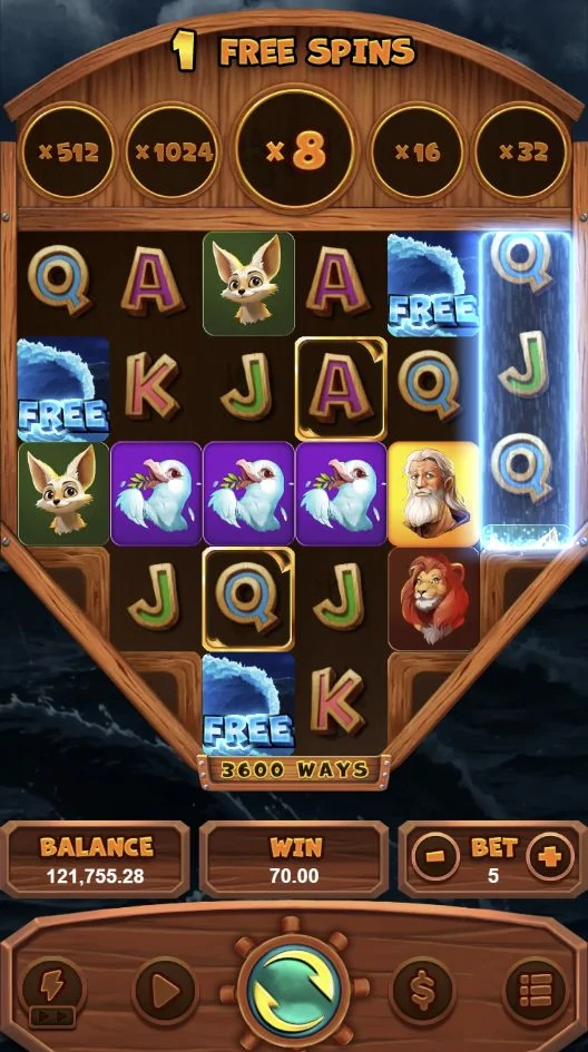 Noah's Ark – Free Spins bring the ark into a stormy setting with an 8× starting Win Multiplier.