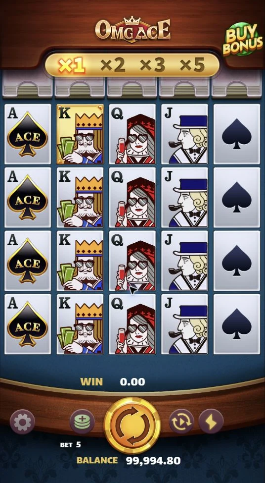 OMG ACE – OMG ACE's Base Game shows a 5 × 4 card layout and the 1×, 2×, 3×, and 5× Win Multiplier levels.