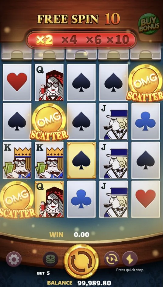 OMG ACE – The Free Spins screen displays 10 Free Spins and the higher 2×, 4×, 6×, and 10× Win Multiplier levels.