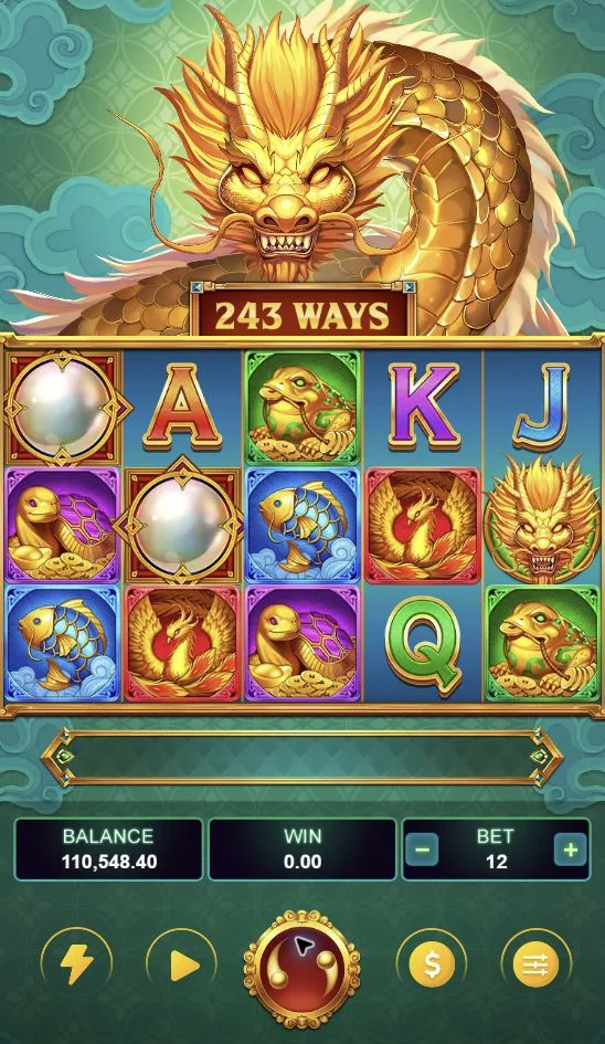 Power of Orb – Power of Orb’s five-reel Base Game, with orb and dragon symbols.