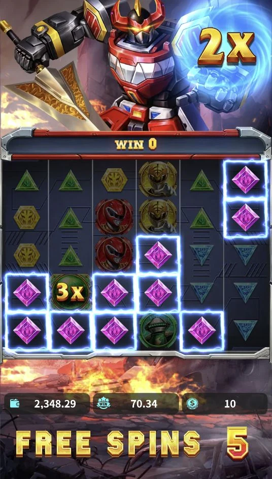 Power Rangers 1000 – Free Spins in action: a ×2 accumulated Win Multiplier is displayed above the board, with a new ×3 orb and highlighted winning symbols below.
