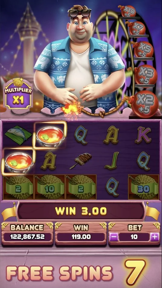 Taste of Thailand – The Free Spins screen shows durian prize symbols, the upgrade track, and seven Free Spins remaining.