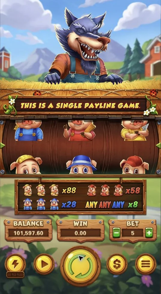 Three Little Pigs – The Base Game pairs three reels with a clearly displayed pig-symbol paytable.