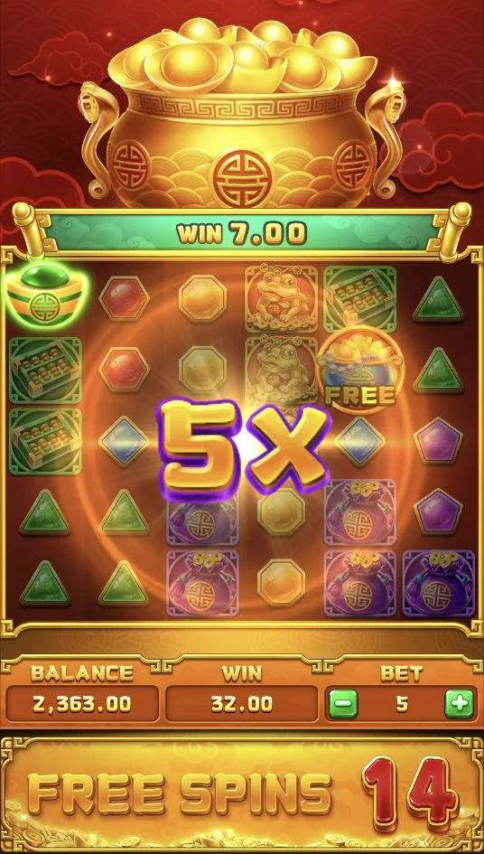 Treasure Bowl – A 5× Win Multiplier appears during Free Spins, with 14 Free Spins remaining.
