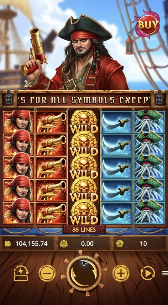 War of Pirates – War of Pirates' Base Game displays a 5 × 5 board with 88 paylines.