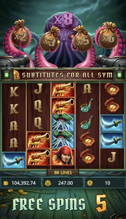 War of Pirates – A sea monster presents the Win Multiplier levels above the reels during Free Spins.