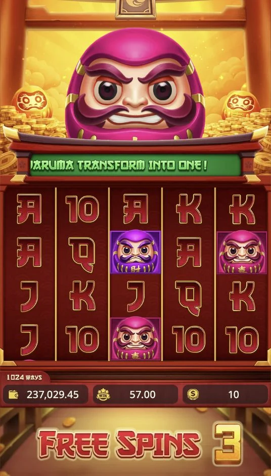 Winning Daruma – Free Spins use a golden setting and can activate Change Symbol.